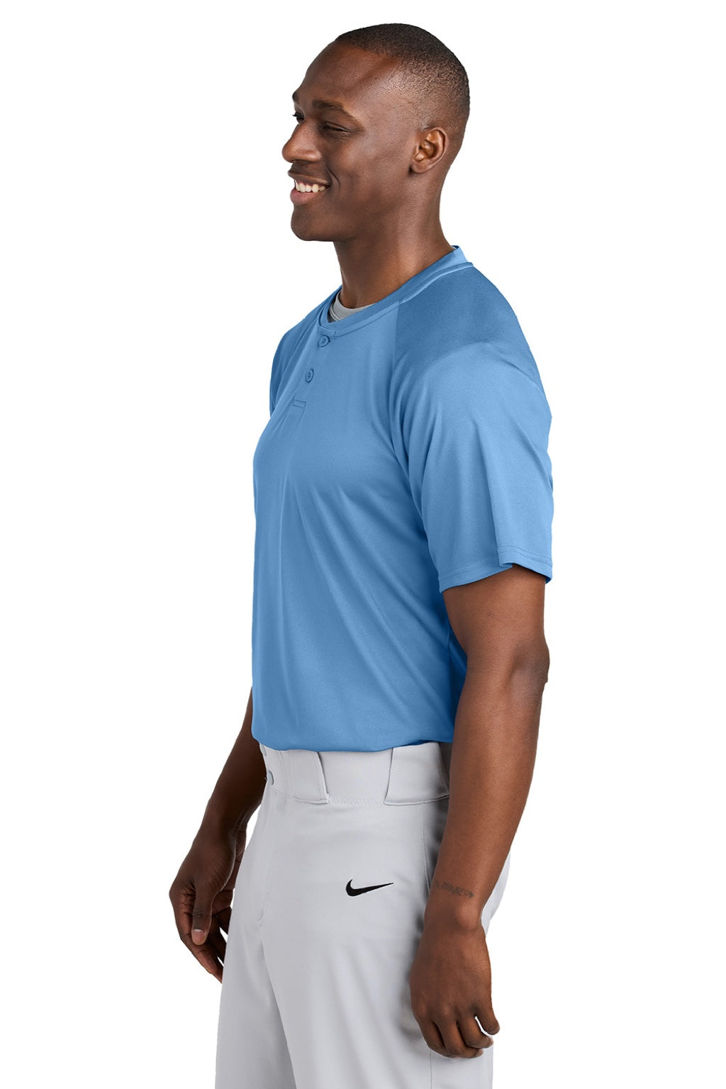Sport-Tek ST359 Mens Moisture Wicking Competitor 2 Button Short Sleeve Henley Carolina Blue Model Side