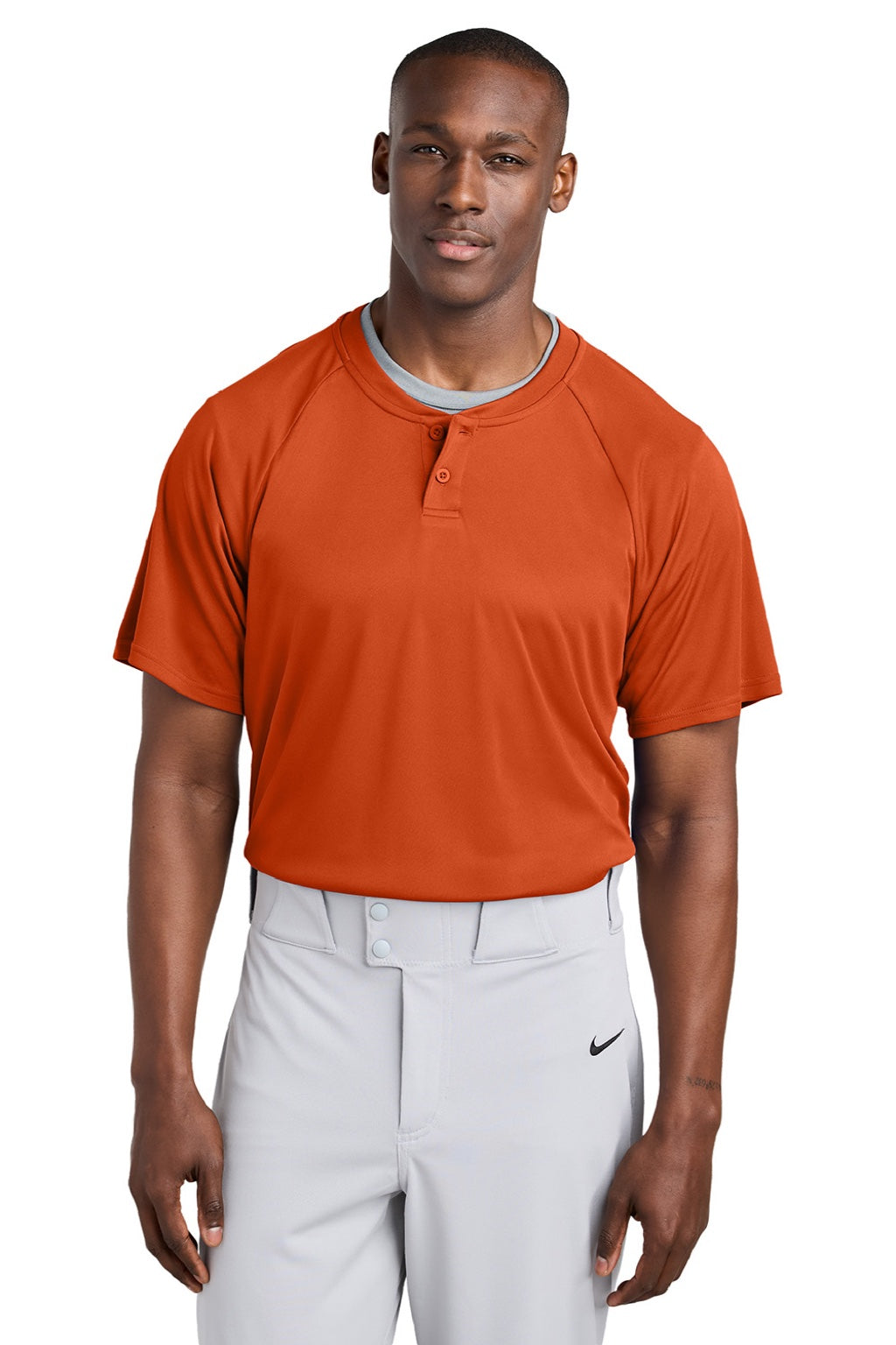 Sport-Tek ST359 Mens Moisture Wicking Competitor 2 Button Short Sleeve Henley Deep Orange Model Front