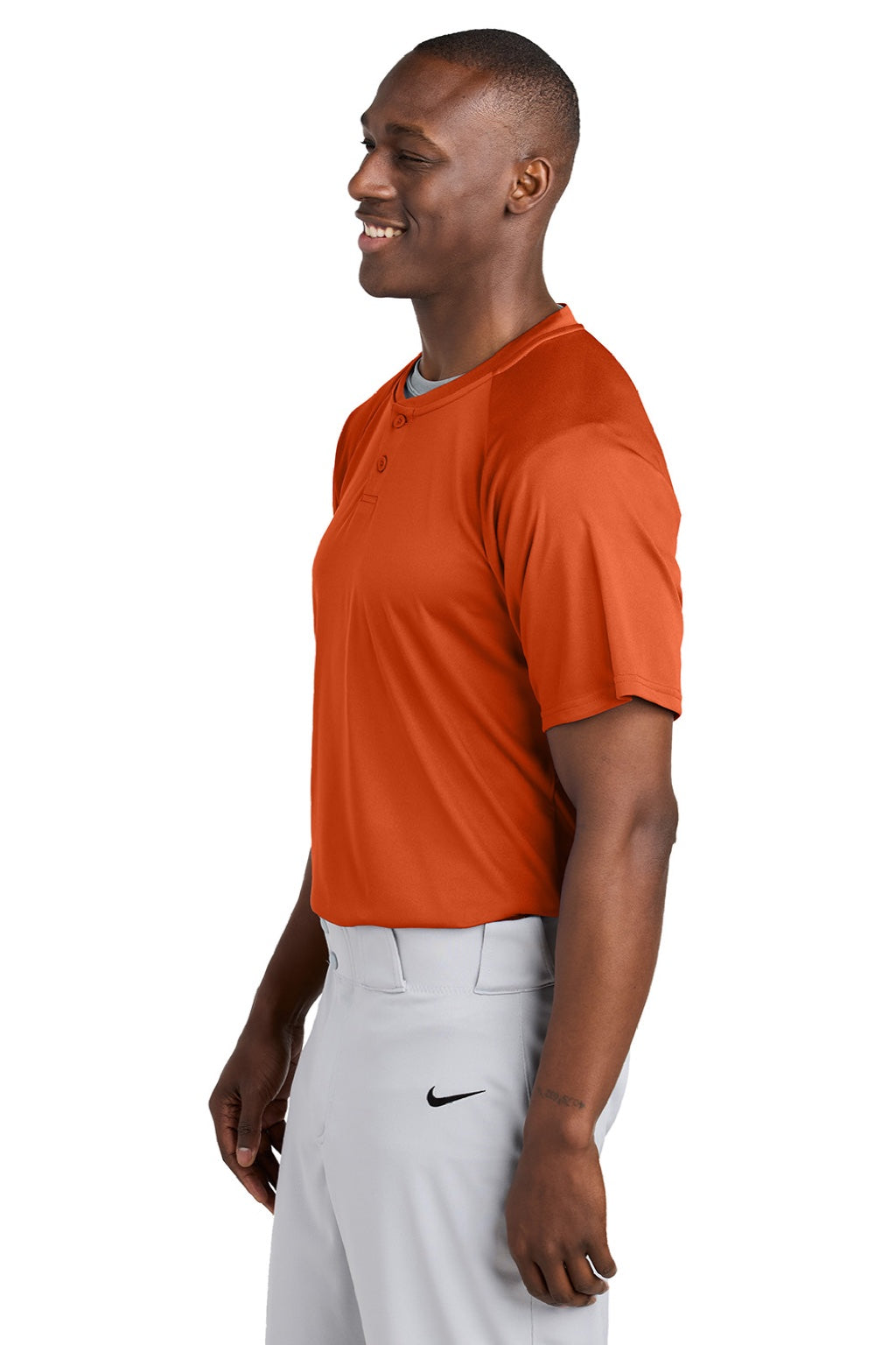 Sport-Tek ST359 Mens Moisture Wicking Competitor 2 Button Short Sleeve Henley Deep Orange Model Side
