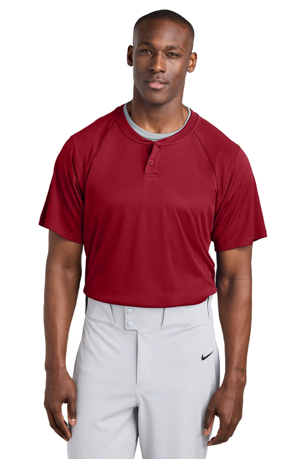 Sport-Tek ST359 Mens Moisture Wicking Competitor 2 Button Short Sleeve Henley Deep Red Model Front