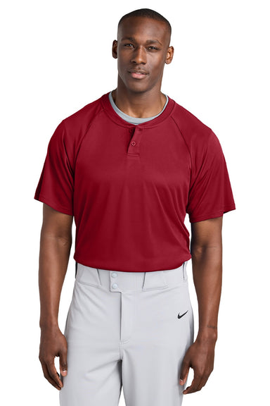 Sport-Tek ST359 Mens Moisture Wicking Competitor 2 Button Short Sleeve Henley Deep Red Model Front