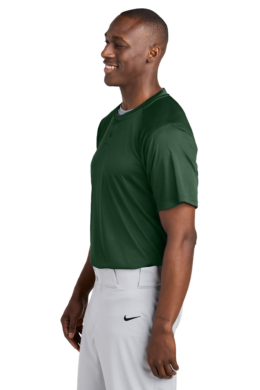 Sport-Tek ST359 Mens Moisture Wicking Competitor 2 Button Short Sleeve Henley Forest Green Model Side