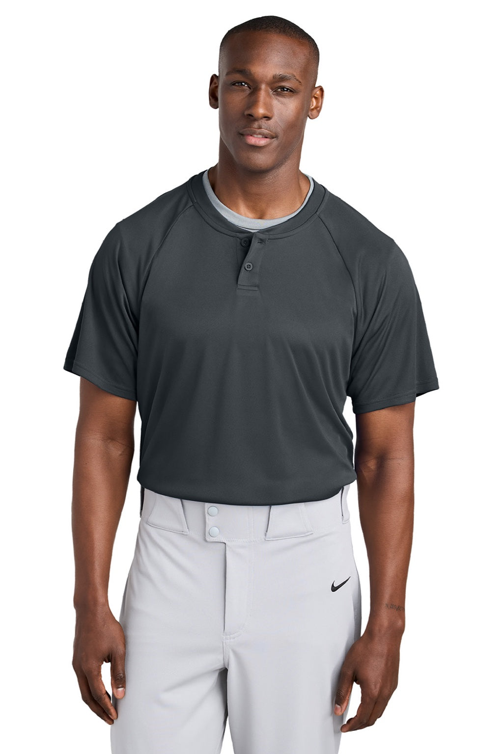 Sport-Tek ST359 Mens Moisture Wicking Competitor 2 Button Short Sleeve Henley Iron Grey Model Front