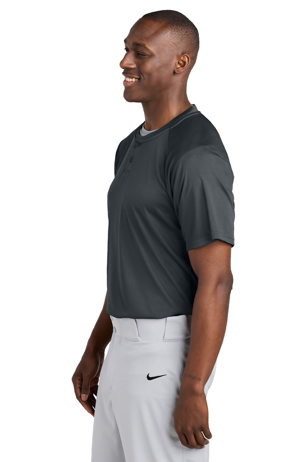 Sport-Tek ST359 Mens Moisture Wicking Competitor 2 Button Short Sleeve Henley Iron Grey Model Side