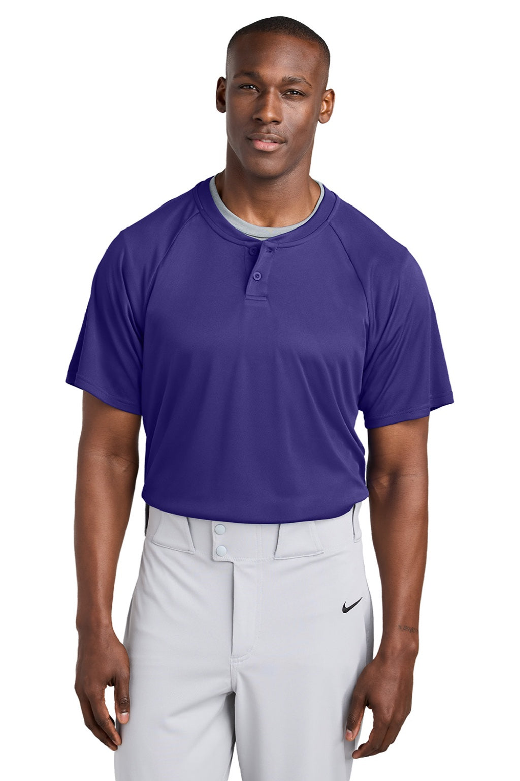 Sport-Tek ST359 Mens Moisture Wicking Competitor 2 Button Short Sleeve Henley Purple Model Front