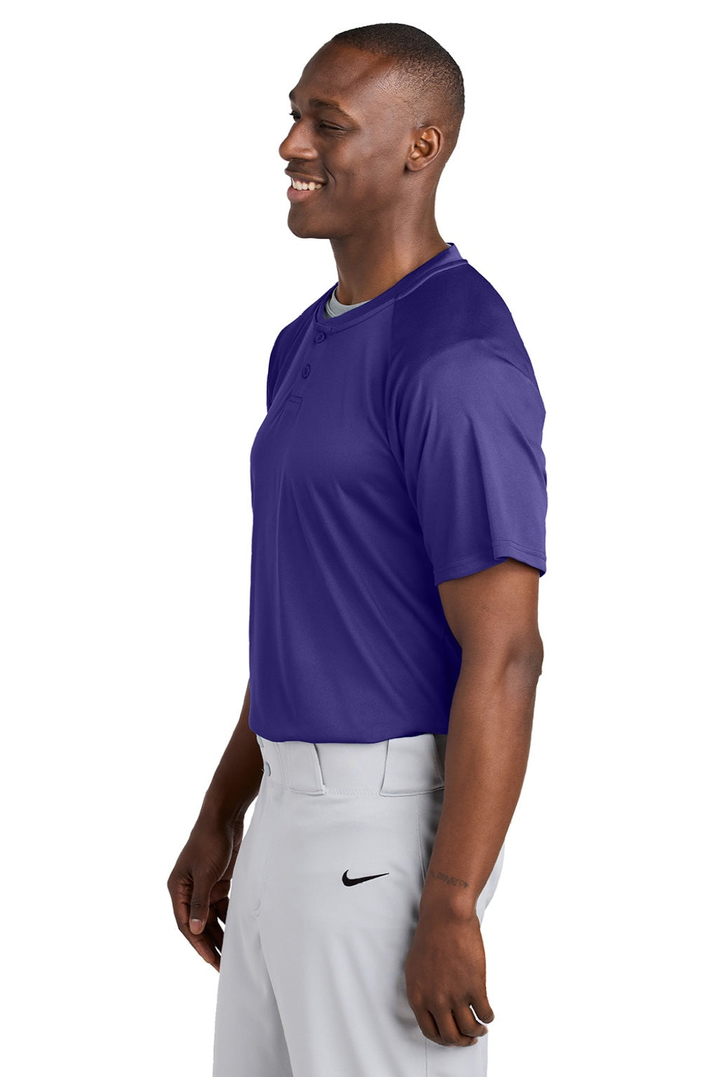Sport-Tek ST359 Mens Moisture Wicking Competitor 2 Button Short Sleeve Henley Purple Model Side