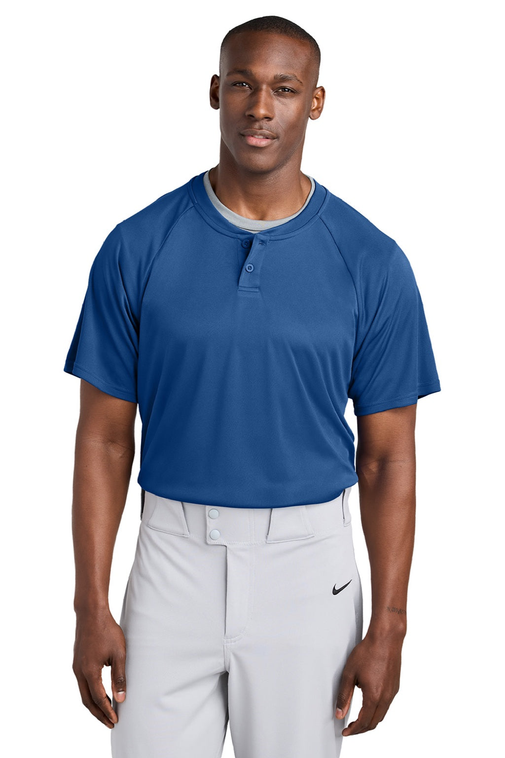 Sport-Tek ST359 Mens Moisture Wicking Competitor 2 Button Short Sleeve Henley Royal Blue Model Front
