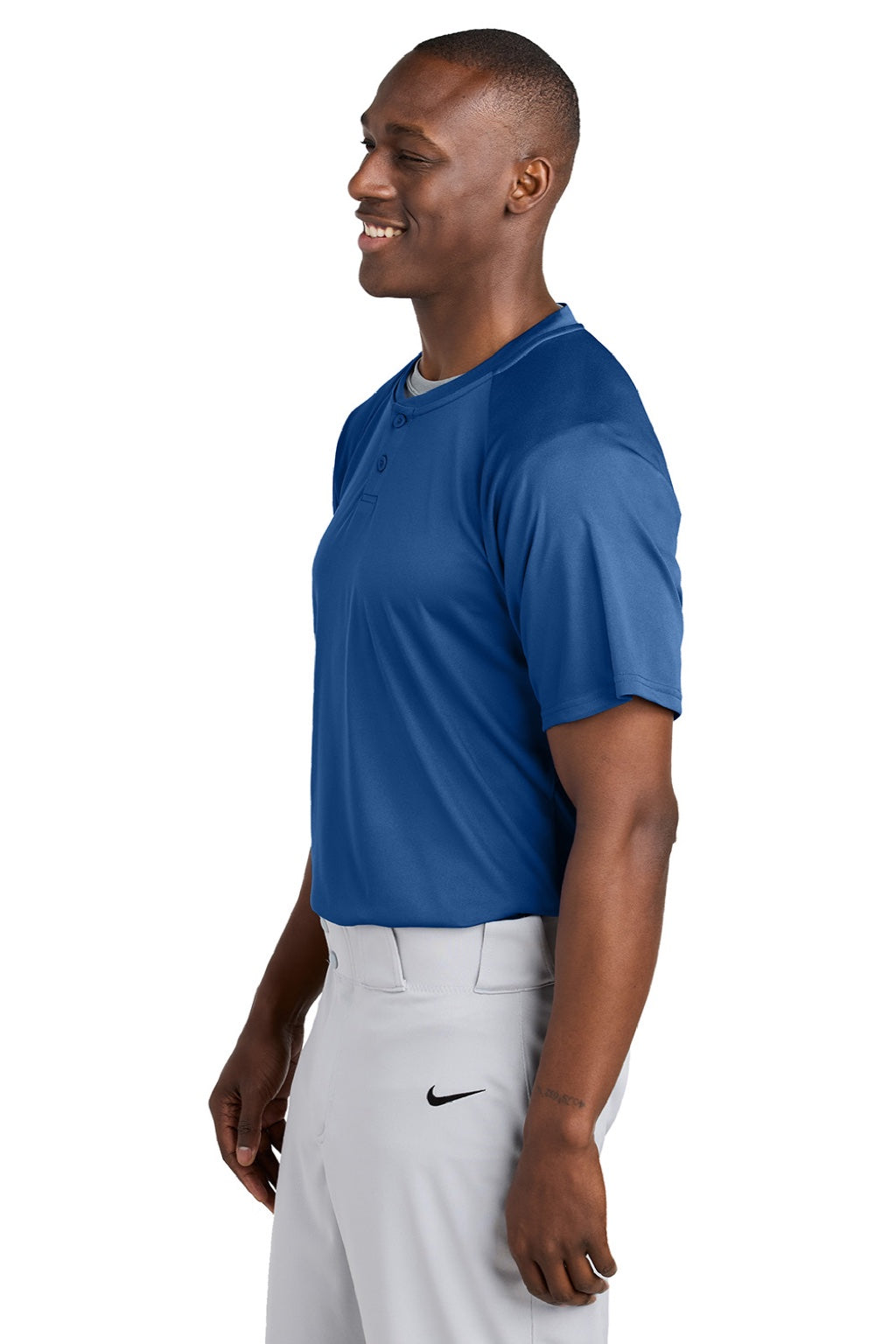 Sport-Tek ST359 Mens Moisture Wicking Competitor 2 Button Short Sleeve Henley Royal Blue Model Side