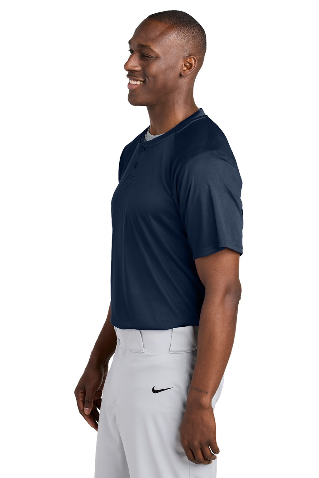 Sport-Tek ST359 Mens Moisture Wicking Competitor 2 Button Short Sleeve Henley True Navy Blue Model Side