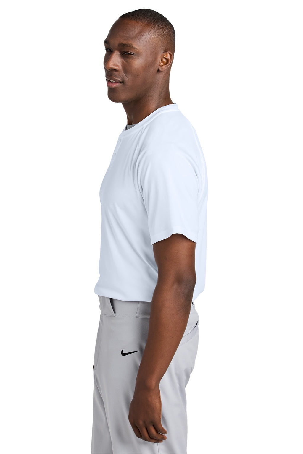 Sport-Tek ST359 Mens Moisture Wicking Competitor 2 Button Short Sleeve Henley White Model Side
