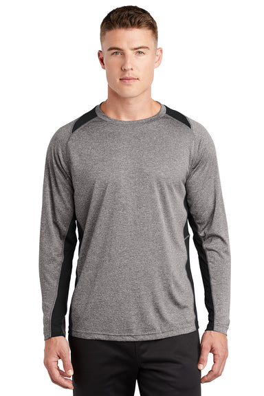 Sport-Tek ST361LS Mens Contender Heather Moisture Wicking Long Sleeve Crewneck T-Shirt Heather Vintage Grey/Black Model Front
