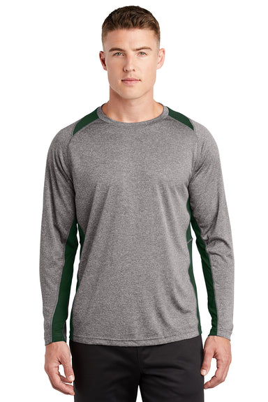 Sport-Tek ST361LS Mens Contender Heather Moisture Wicking Long Sleeve Crewneck T-Shirt Heather Vintage Grey/Forest Green Model Front