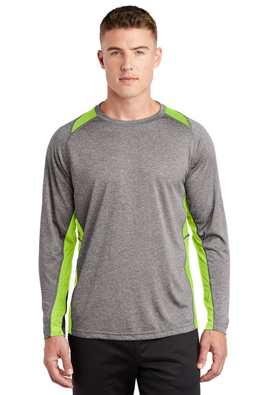 Sport-Tek ST361LS Mens Contender Heather Moisture Wicking Long Sleeve Crewneck T-Shirt Heather Vintage Grey/Lime Shock Green Model Front