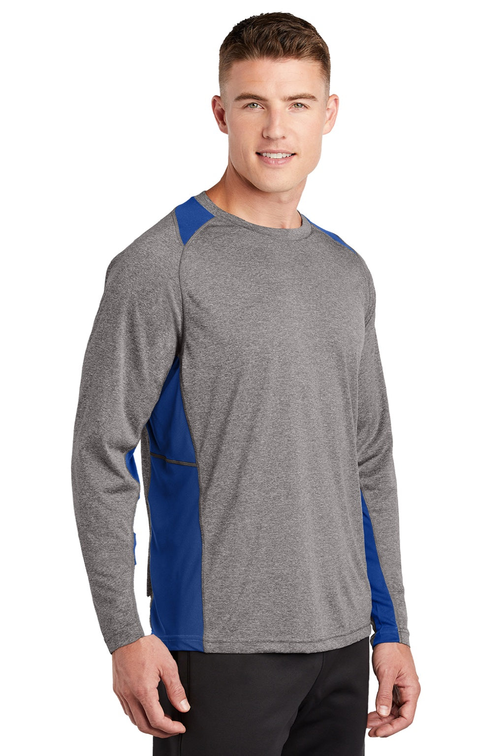 Sport-Tek ST361LS Mens Contender Heather Moisture Wicking Long Sleeve Crewneck T-Shirt Heather Vintage Grey/Royal Blue Model 3q