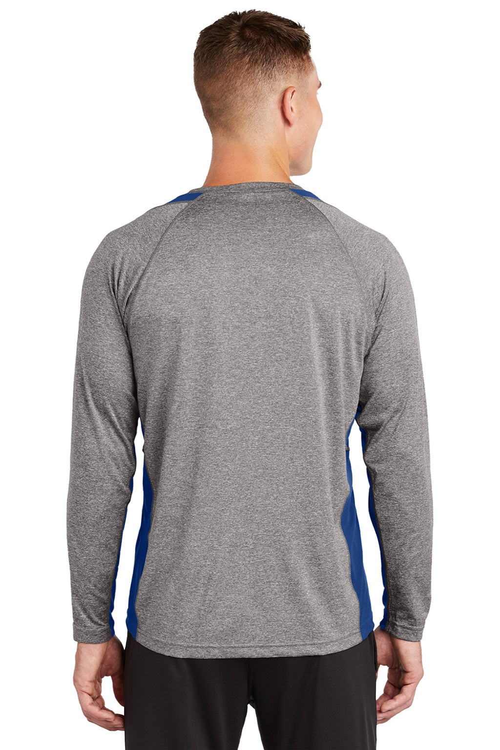 Sport-Tek ST361LS Mens Contender Heather Moisture Wicking Long Sleeve Crewneck T-Shirt Heather Vintage Grey/Royal Blue Model Back