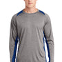 Sport-Tek Mens Contender Heather Moisture Wicking Long Sleeve Crewneck T-Shirt - Heather Vintage Grey/Royal Blue - Closeout