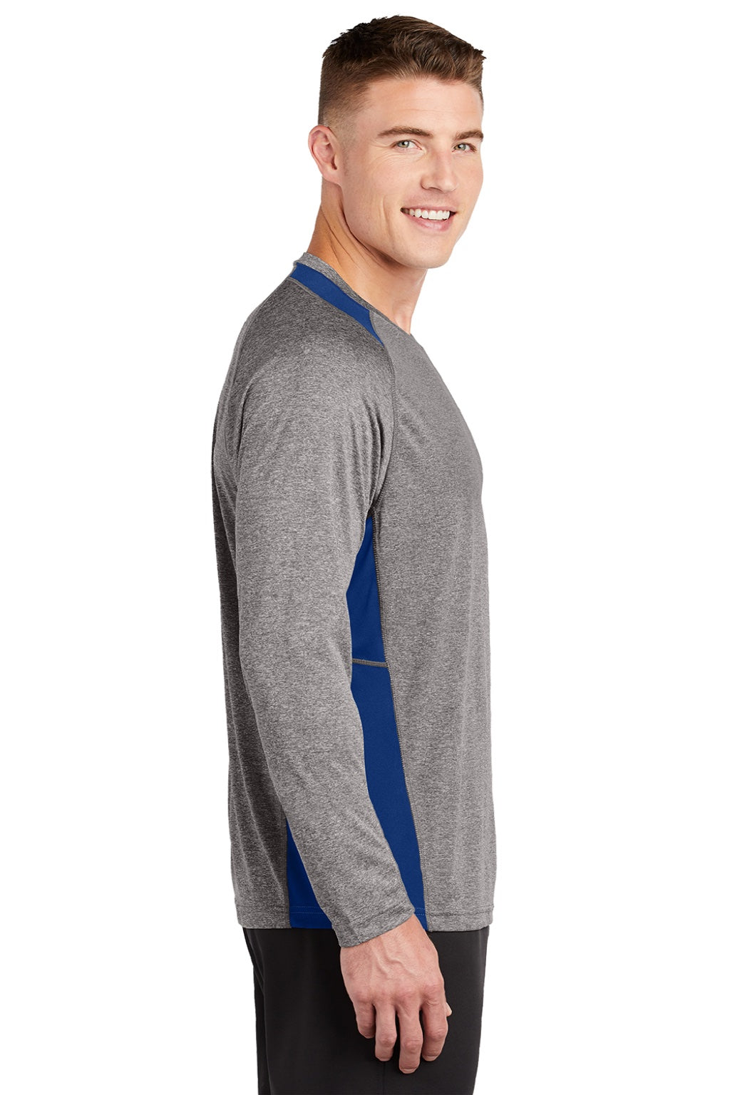 Sport-Tek ST361LS Mens Contender Heather Moisture Wicking Long Sleeve Crewneck T-Shirt Heather Vintage Grey/Royal Blue Model Side