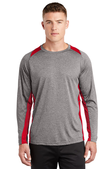 Sport-Tek ST361LS Mens Contender Heather Moisture Wicking Long Sleeve Crewneck T-Shirt Heather Vintage Grey/True Red Model Front
