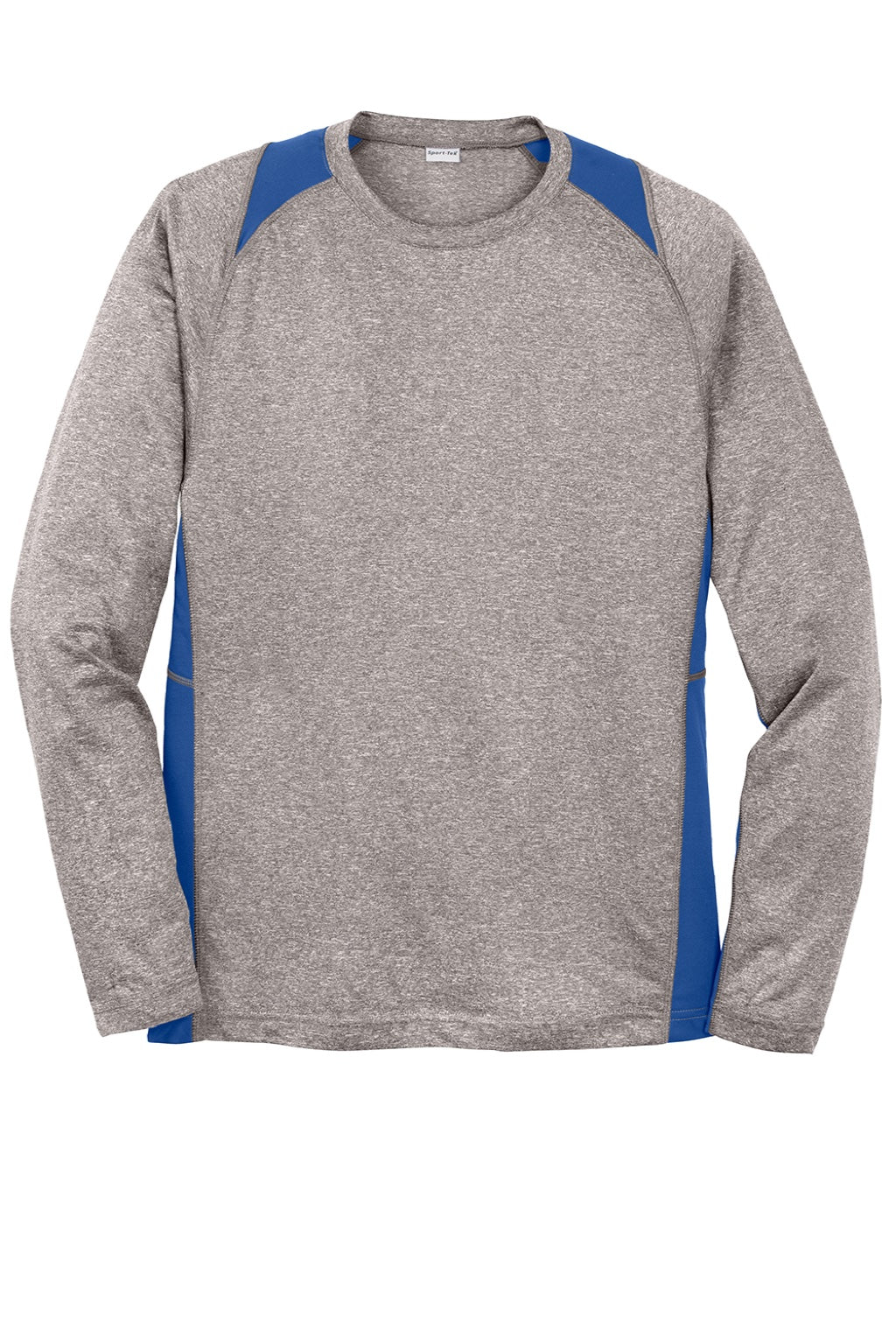 Sport-Tek ST361LS Mens Contender Heather Moisture Wicking Long Sleeve Crewneck T-Shirt Heather Vintage Grey/Royal Blue Flat Front