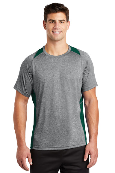 Sport-Tek ST361 Mens Contender Heather Moisture Wicking Short Sleeve Crewneck T-Shirt Heather Vintage Grey/Forest Green Model Front