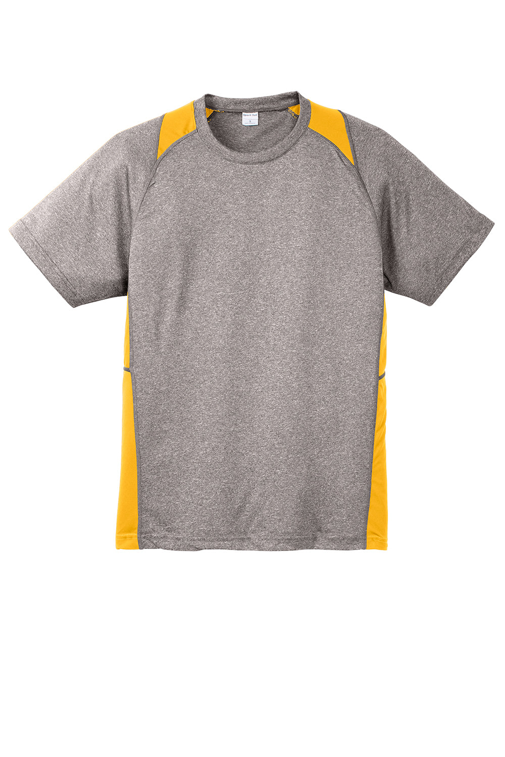 Sport-Tek ST361 Mens Contender Heather Moisture Wicking Short Sleeve Crewneck T-Shirt Heather Vintage Grey/Gold Flat Front