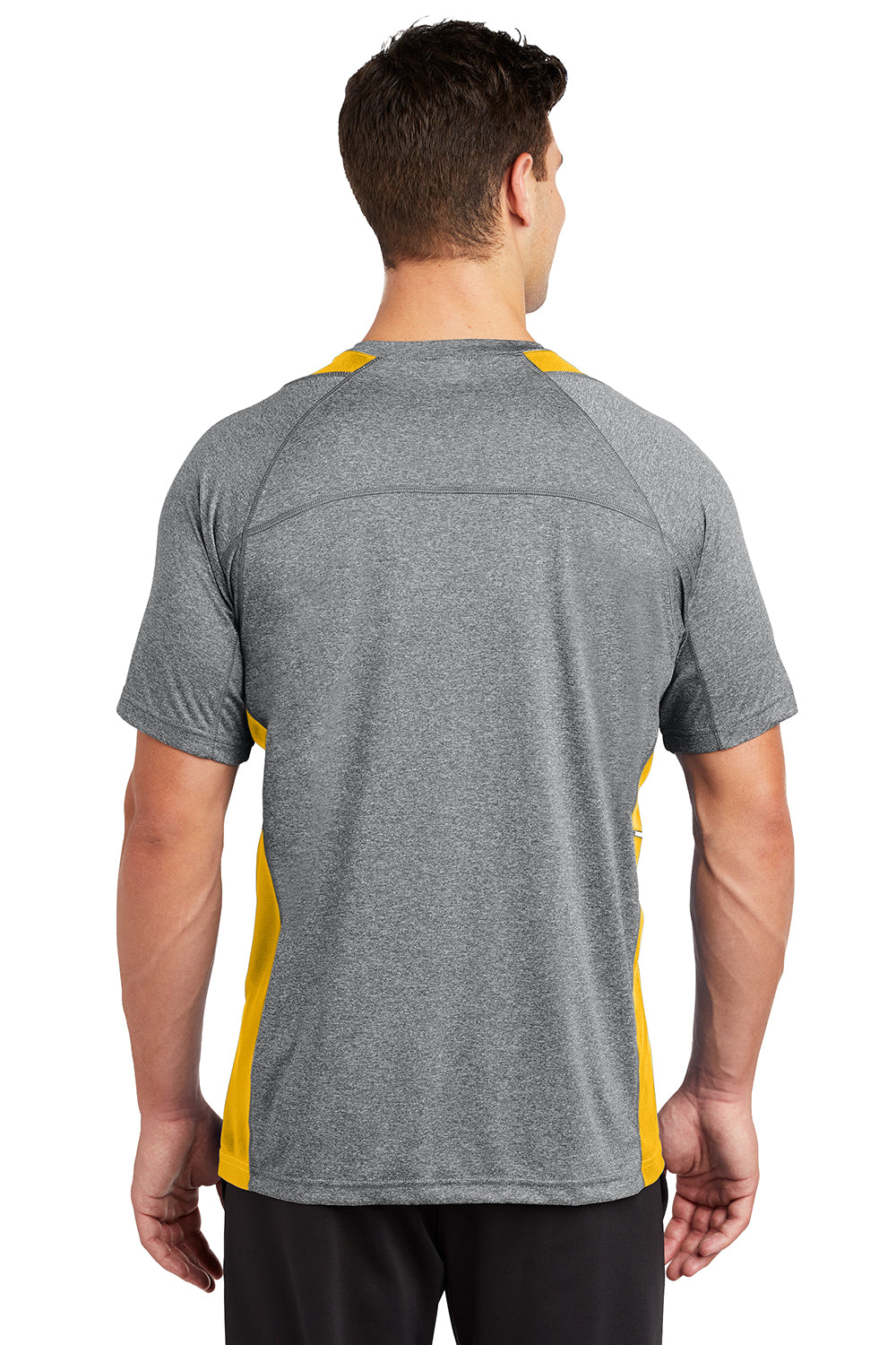 Sport-Tek ST361 Mens Contender Heather Moisture Wicking Short Sleeve Crewneck T-Shirt Heather Vintage Grey/Gold Model Back