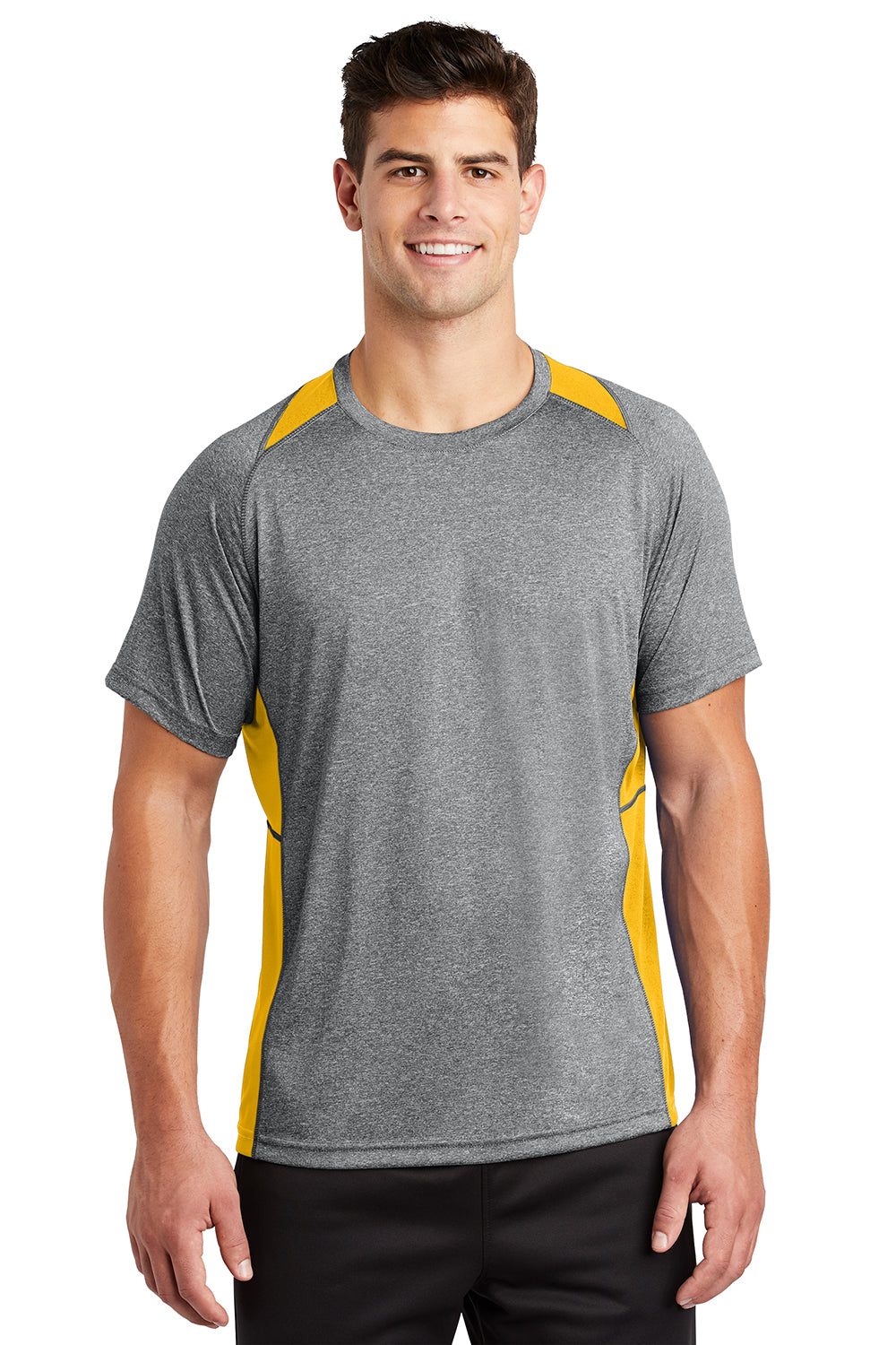 Sport-Tek ST361 Mens Contender Heather Moisture Wicking Short Sleeve Crewneck T-Shirt Heather Vintage Grey/Gold Model Front