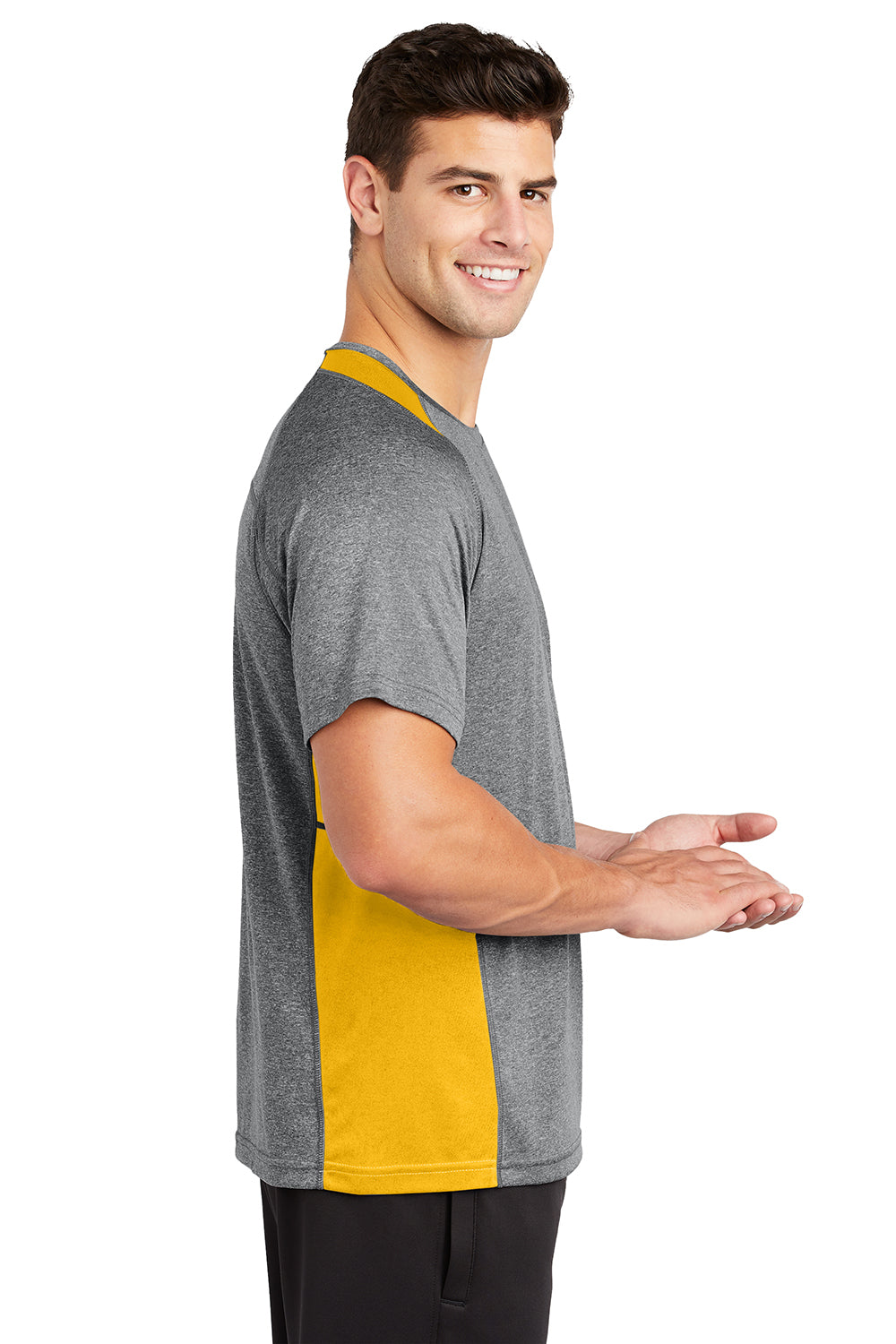 Sport-Tek ST361 Mens Contender Heather Moisture Wicking Short Sleeve Crewneck T-Shirt Heather Vintage Grey/Gold Model Side