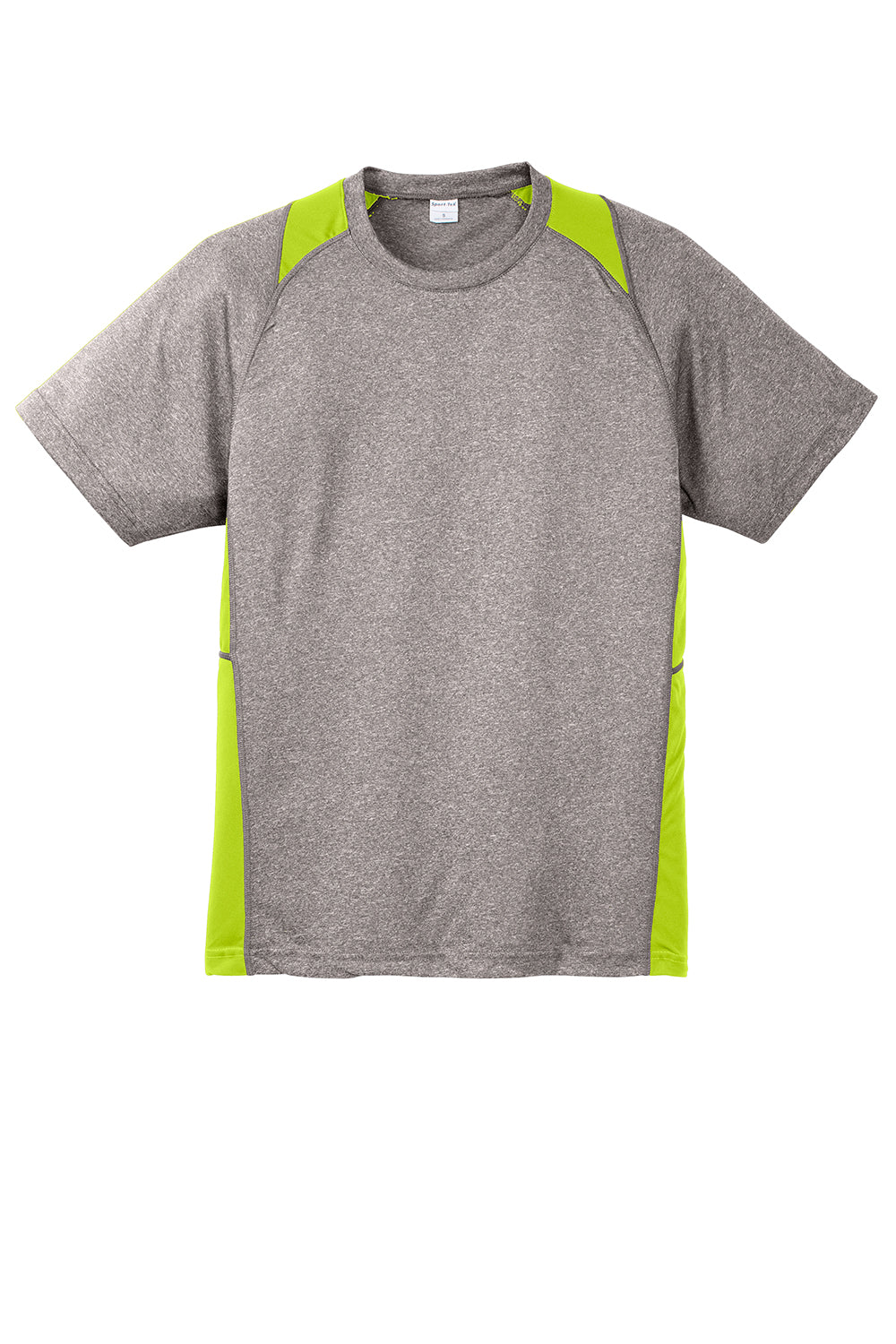 Sport-Tek ST361 Mens Contender Heather Moisture Wicking Short Sleeve Crewneck T-Shirt Heather Vintage Grey/Lime Shock Green Flat Front