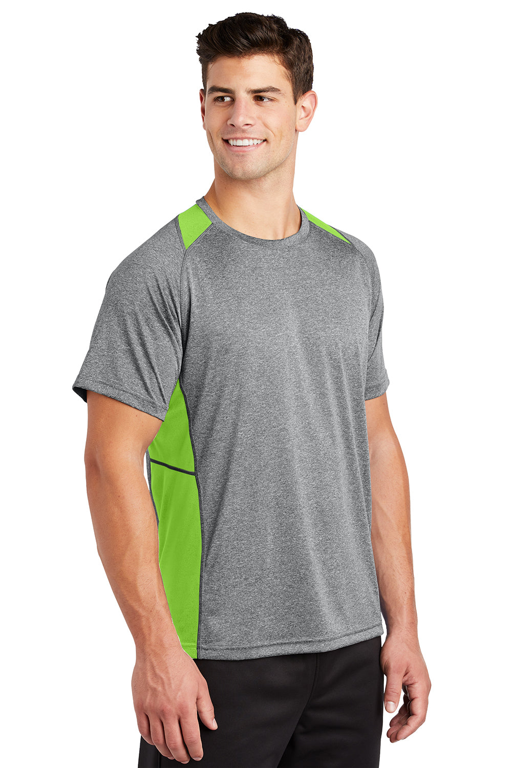 Sport-Tek ST361 Mens Contender Heather Moisture Wicking Short Sleeve Crewneck T-Shirt Heather Vintage Grey/Lime Shock Green Model 3q