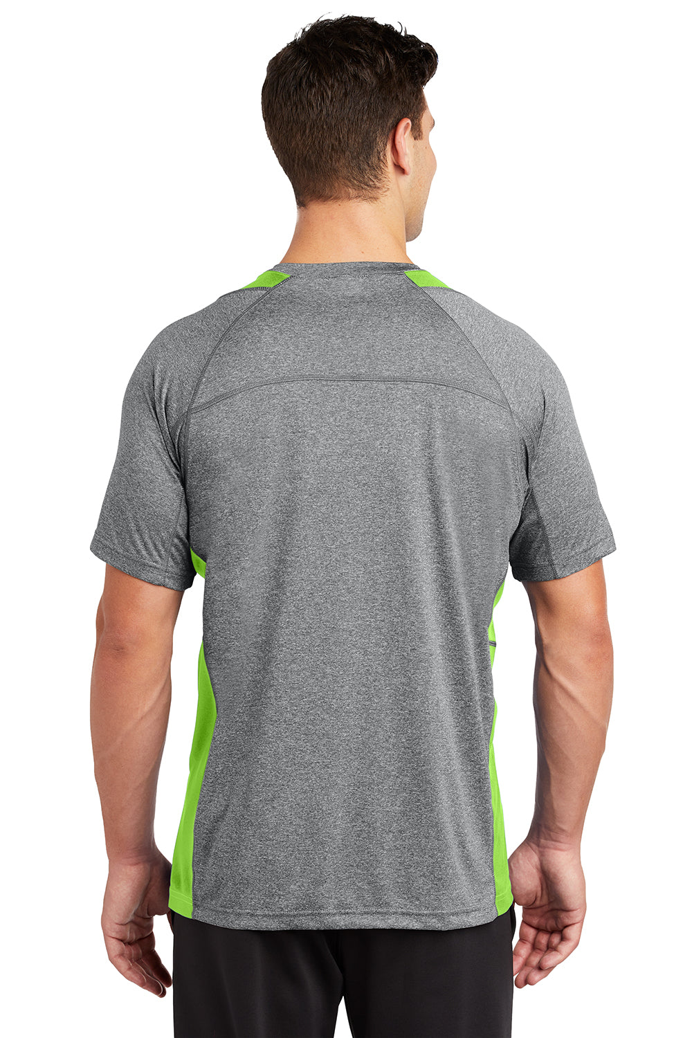 Sport-Tek ST361 Mens Contender Heather Moisture Wicking Short Sleeve Crewneck T-Shirt Heather Vintage Grey/Lime Shock Green Model Back