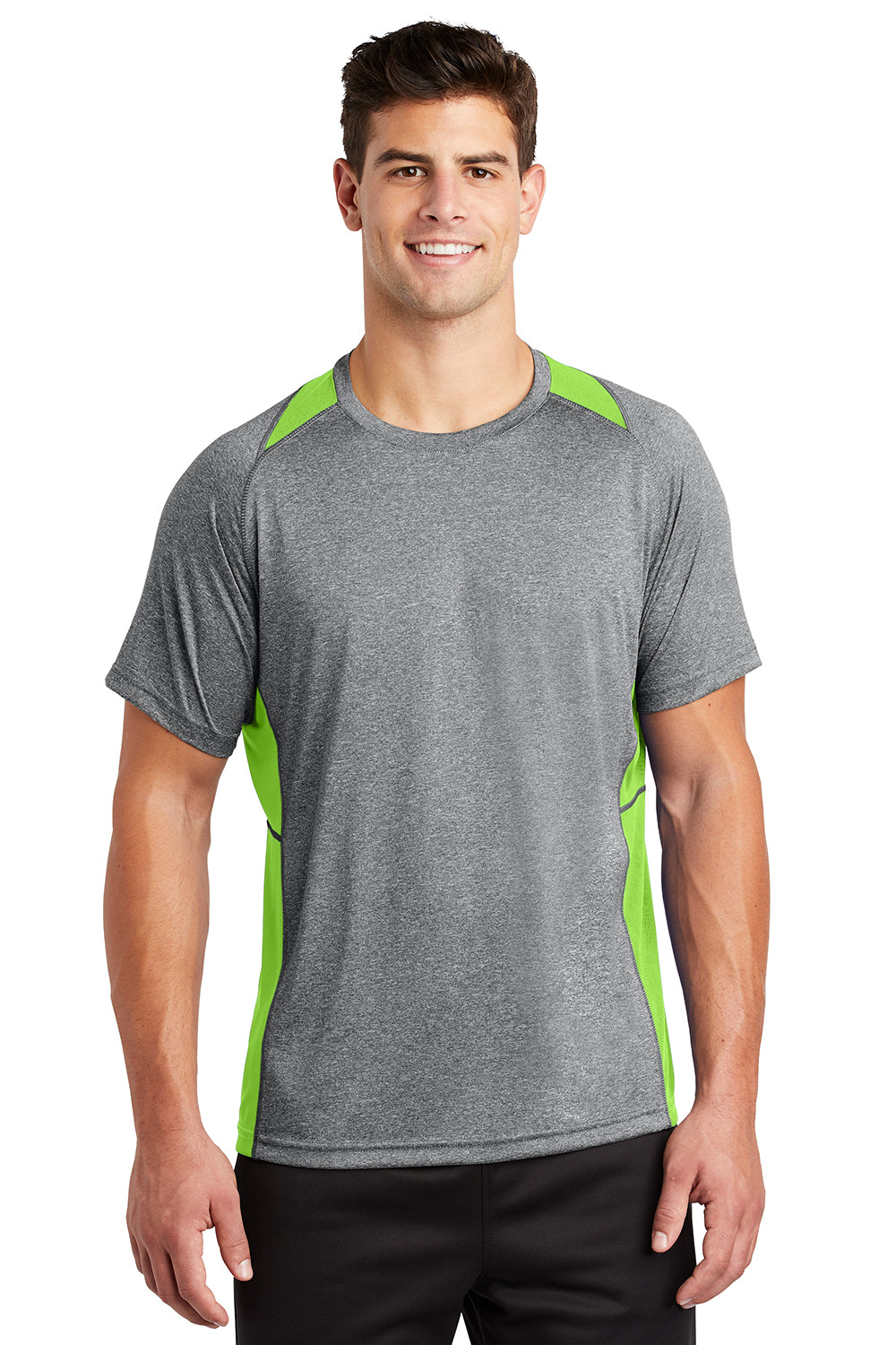 Sport-Tek ST361 Mens Contender Heather Moisture Wicking Short Sleeve Crewneck T-Shirt Heather Vintage Grey/Lime Shock Green Model Front