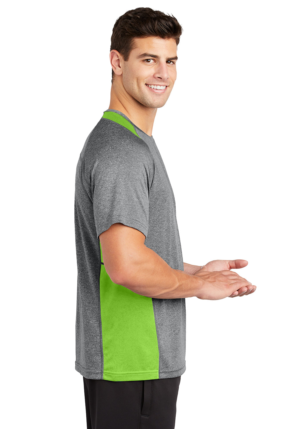 Sport-Tek ST361 Mens Contender Heather Moisture Wicking Short Sleeve Crewneck T-Shirt Heather Vintage Grey/Lime Shock Green Model Side