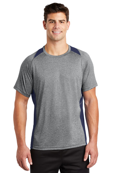 Sport-Tek ST361 Mens Contender Heather Moisture Wicking Short Sleeve Crewneck T-Shirt Heather Vintage Grey/True Navy Blue Model Front