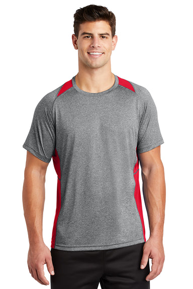 Sport-Tek ST361 Mens Contender Heather Moisture Wicking Short Sleeve Crewneck T-Shirt Heather Vintage Grey/True Red Model Front