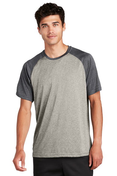 Sport-Tek ST362 Mens Contender Heather Moisture Wicking Short Sleeve Crewneck T-Shirt Heather Vintage Grey/Heather Graphite Grey Model Front