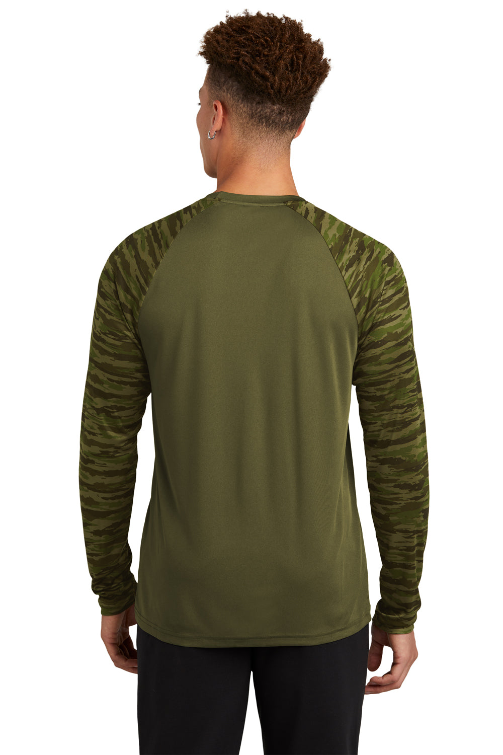 Sport-Tek ST376LS Mens Drift Camo Colorblock Moisture Wicking Long Sleeve Crewneck T-Shirt Olive Drab Green Model Back