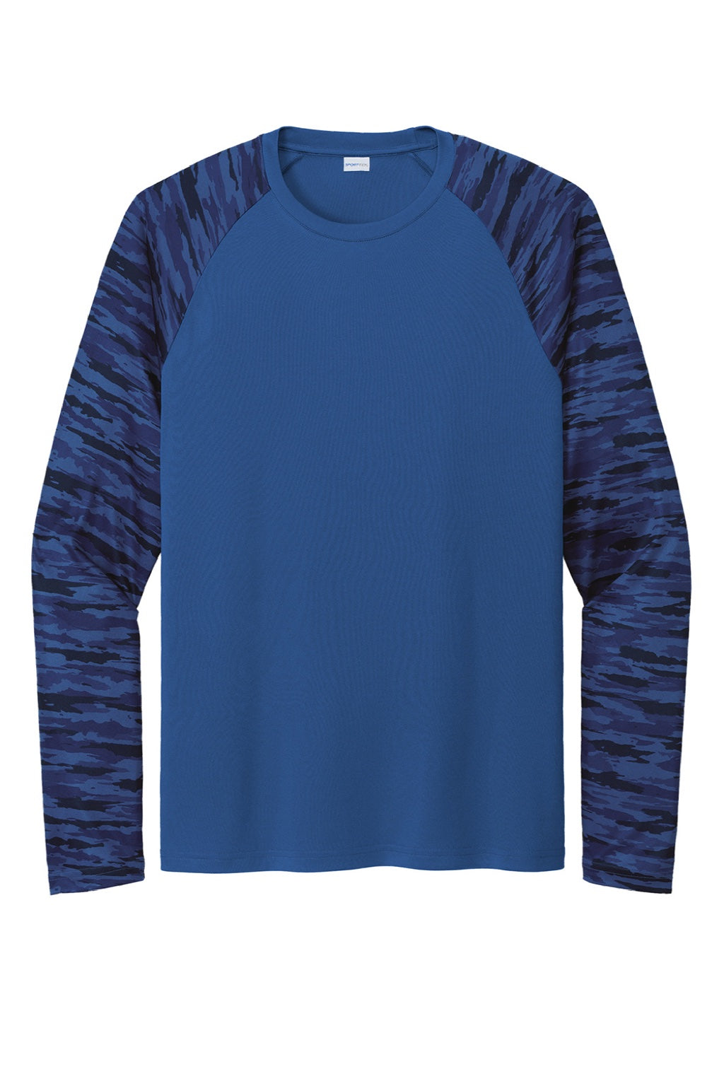 Sport-Tek ST376LS Mens Drift Camo Colorblock Moisture Wicking Long Sleeve Crewneck T-Shirt Royal Blue Flat Front