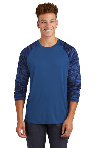 Sport-Tek ST376LS Mens Drift Camo Colorblock Moisture Wicking Long Sleeve Crewneck T-Shirt Royal Blue Model Front