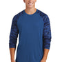 Sport-Tek Mens Drift Camo Colorblock Moisture Wicking Long Sleeve Crewneck T-Shirt - Royal Blue - Closeout