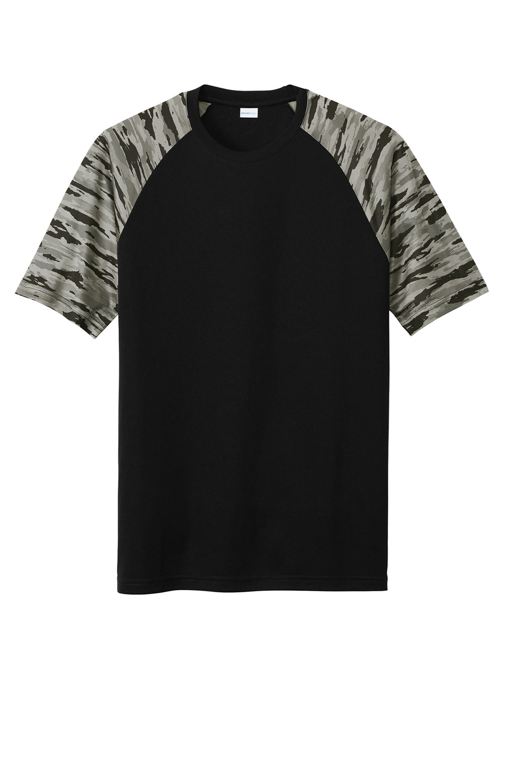 Sport-Tek ST376 Mens Drift Camo Colorblock Moisture Wicking Short Sleeve Crewneck T-Shirt Black Flat Front