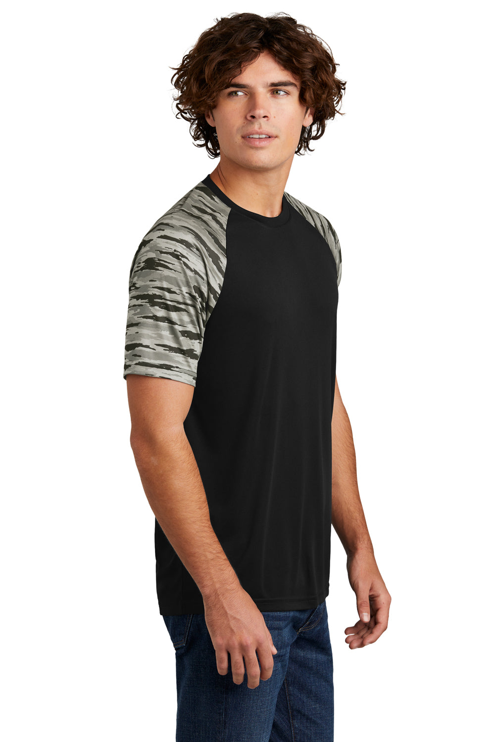 Sport-Tek ST376 Mens Drift Camo Colorblock Moisture Wicking Short Sleeve Crewneck T-Shirt Black Model Side