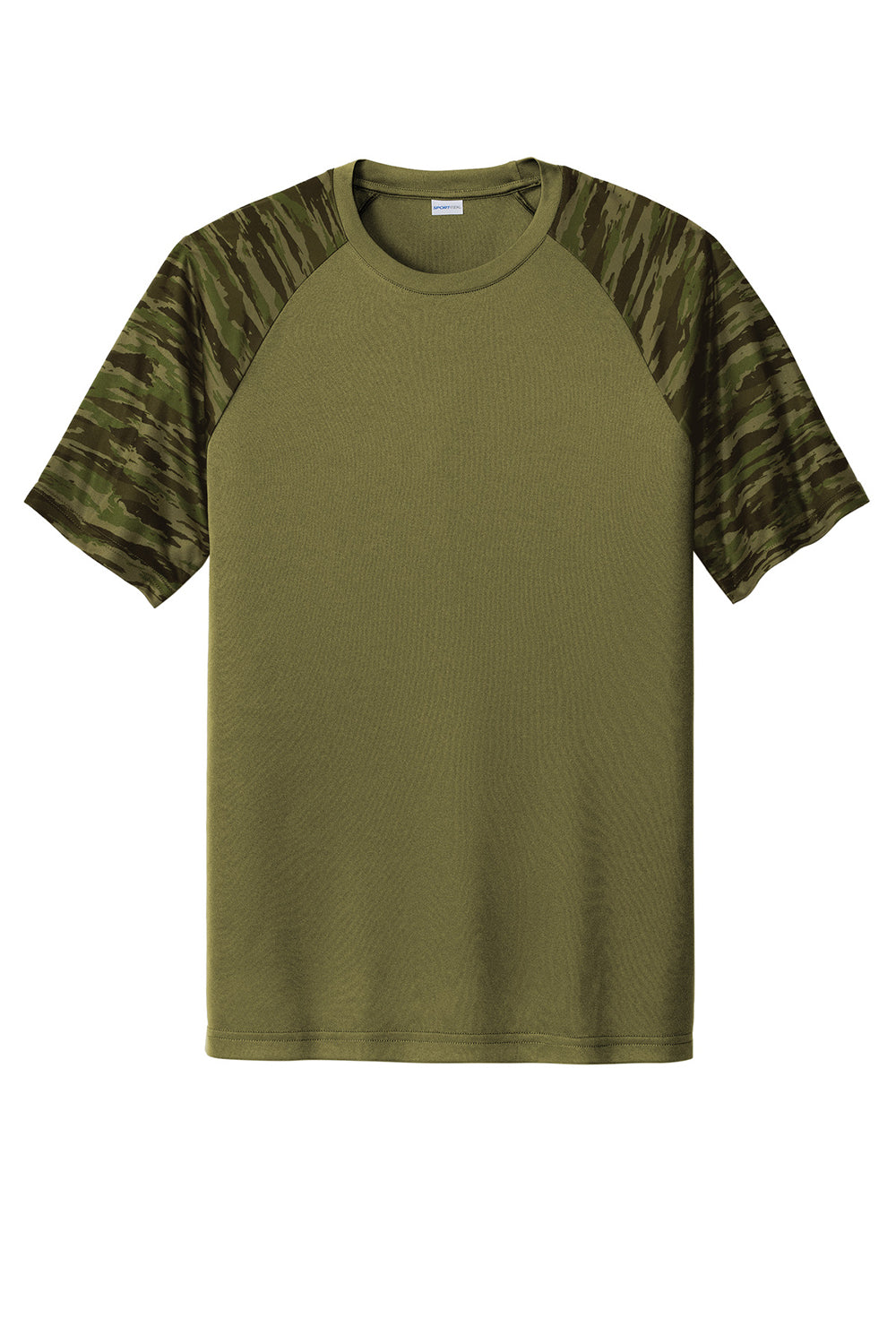 Sport-Tek ST376 Mens Drift Camo Colorblock Moisture Wicking Short Sleeve Crewneck T-Shirt Olive Drab Green Flat Front
