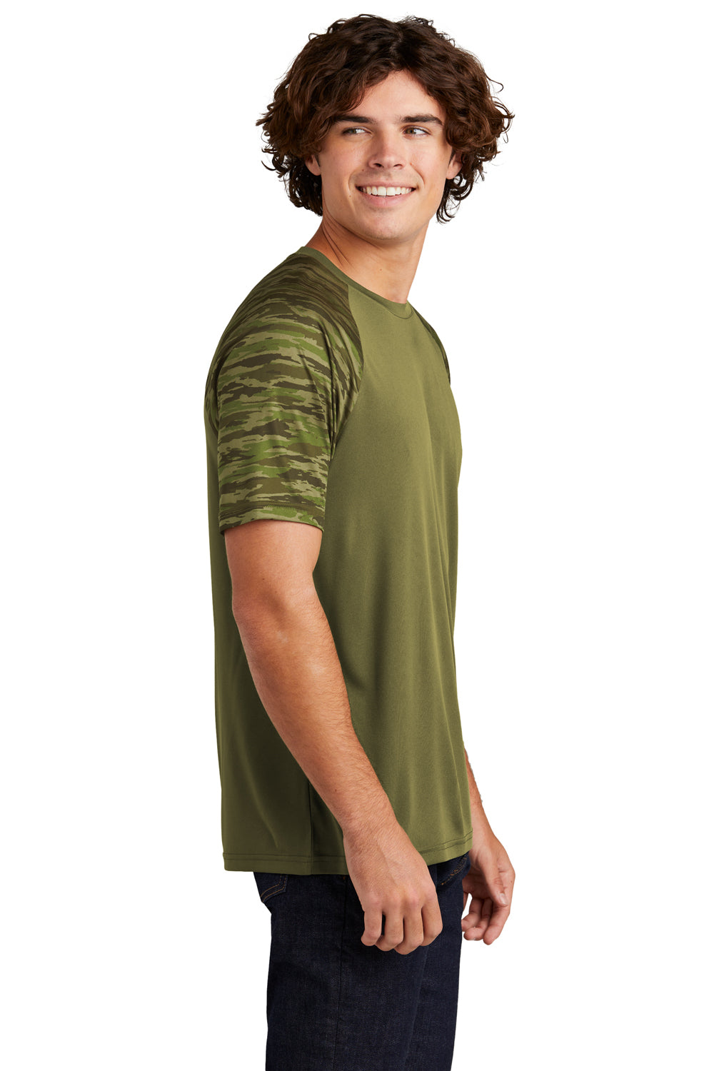 Sport-Tek ST376 Mens Drift Camo Colorblock Moisture Wicking Short Sleeve Crewneck T-Shirt Olive Drab Green Model Side
