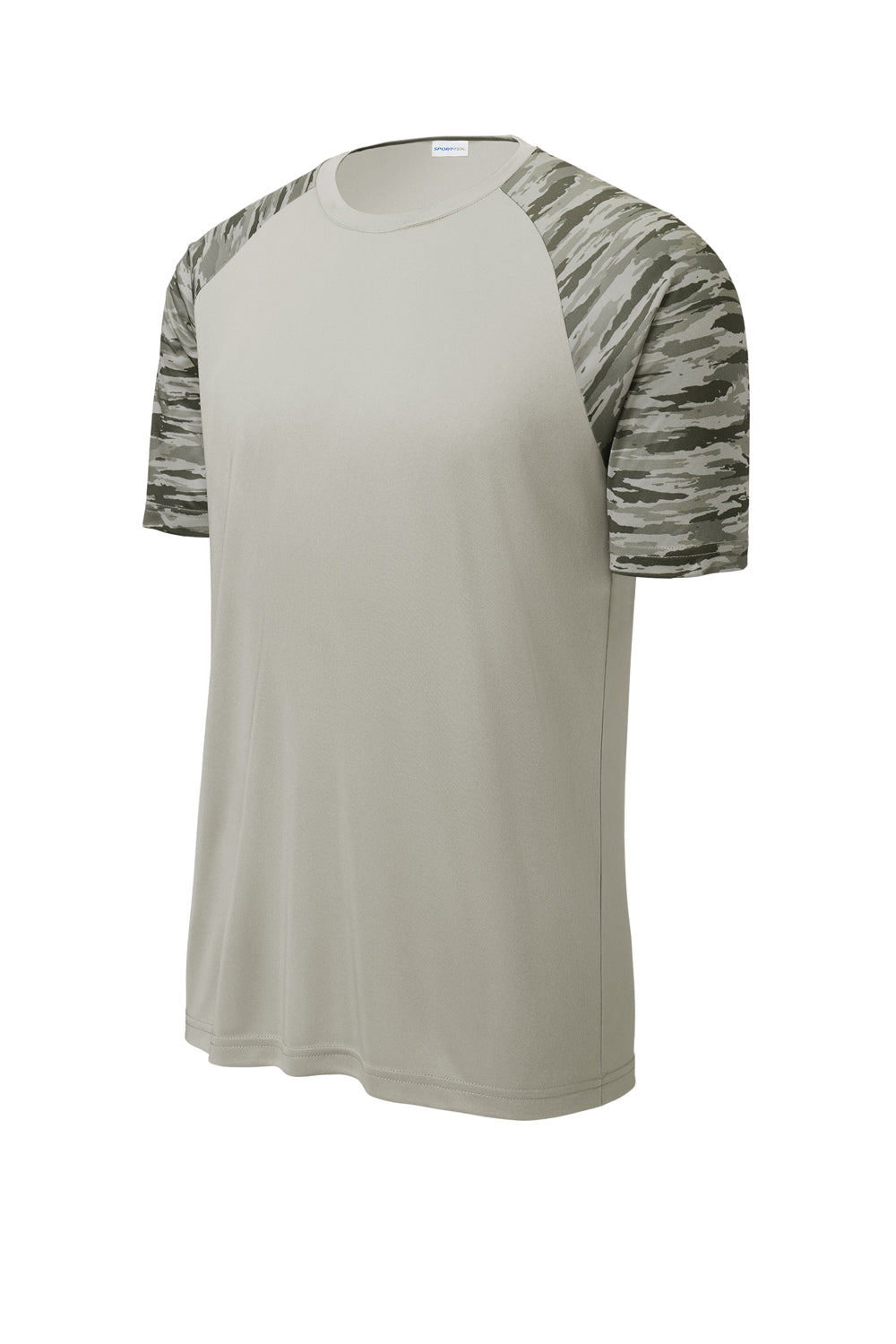 Sport-Tek ST376 Mens Drift Camo Colorblock Moisture Wicking Short Sleeve Crewneck T-Shirt Silver Grey Flat Front