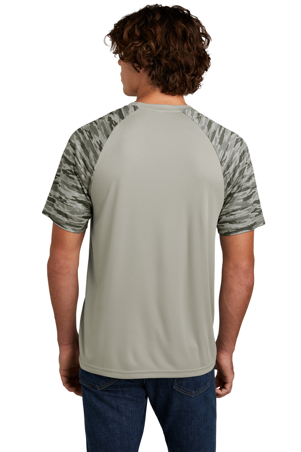 Sport-Tek ST376 Mens Drift Camo Colorblock Moisture Wicking Short Sleeve Crewneck T-Shirt Silver Grey Model Back