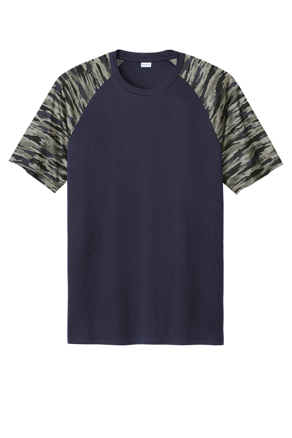Sport-Tek ST376 Mens Drift Camo Colorblock Moisture Wicking Short Sleeve Crewneck T-Shirt True Navy Blue Flat Front