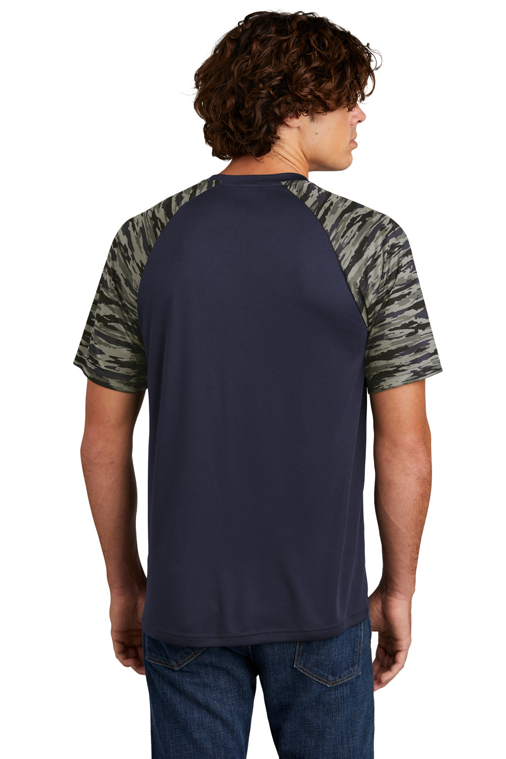 Sport-Tek ST376 Mens Drift Camo Colorblock Moisture Wicking Short Sleeve Crewneck T-Shirt True Navy Blue Model Back