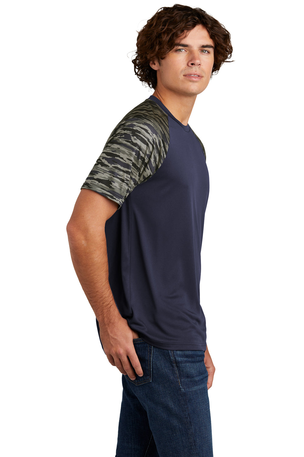Sport-Tek ST376 Mens Drift Camo Colorblock Moisture Wicking Short Sleeve Crewneck T-Shirt True Navy Blue Model Side