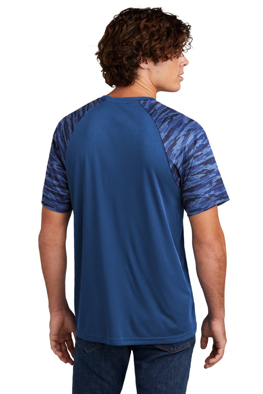 Sport-Tek ST376 Mens Drift Camo Colorblock Moisture Wicking Short Sleeve Crewneck T-Shirt Royal Blue Model Back